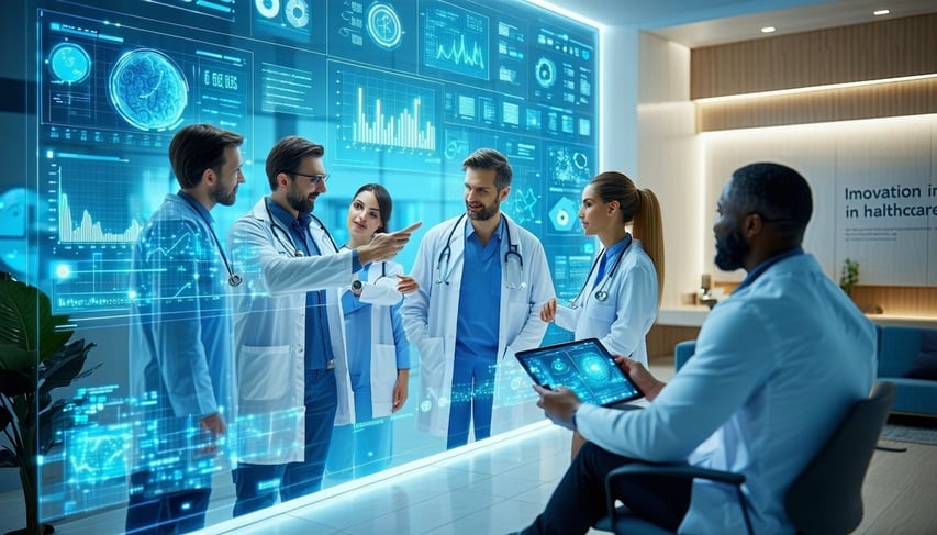 The image depicts a modern healthcare setting where a diverse group of healthcare professionalsdoctors nurses and techniciansare engaged in a collaborative discussion around a digital display showing patient data and AI analytics Bright sterile light-3