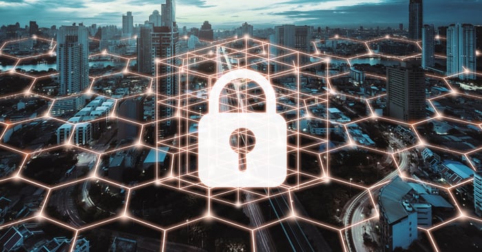 lock floating above city
